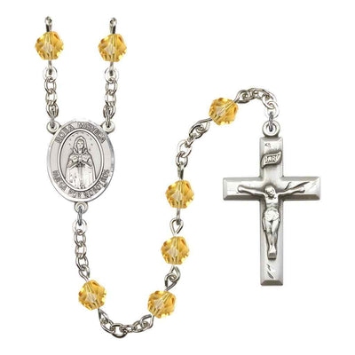 Spanish Rosa Mystica Rosary with 14kt Gold Traditional Crucifix and Centerpiece, Birthstone 6mm Austrian Crystal Topaz Beads for November