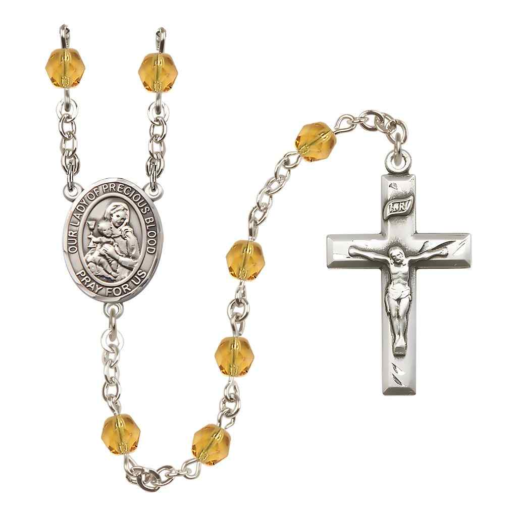 Our Lady of the Precious Blood Rosary with Pewter Small Crucifix and Centerpiece, Birthstone 6mm Fire Polished Topaz Beads for November