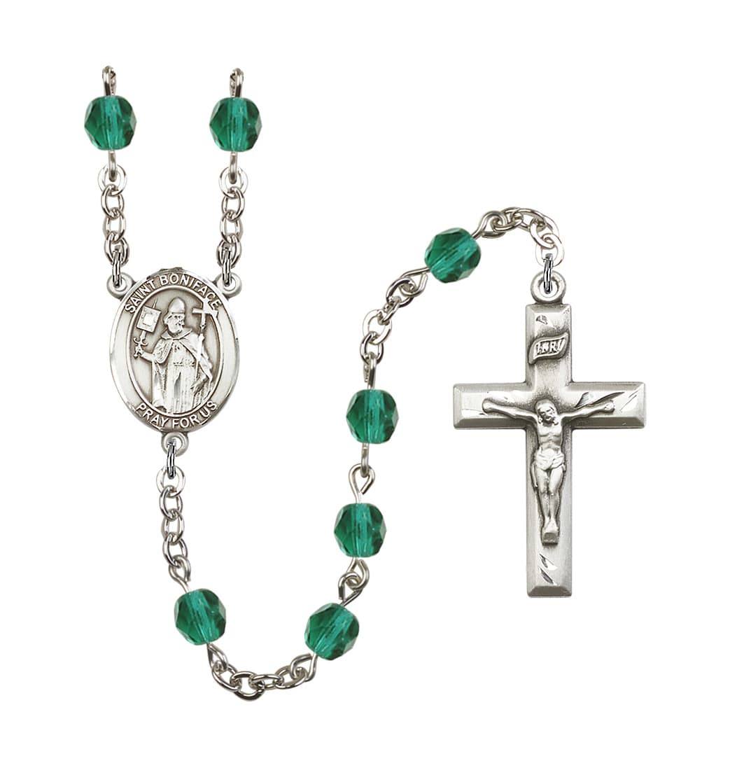 Bliss St Boniface Birthstone December-Zircon Fire Polished Silver-Plated Rosary,