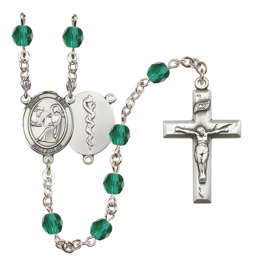 Bliss Silver Plated 6mm Fire Polished Saint Luke the Apostle / Doctor Rosary in Zircon,