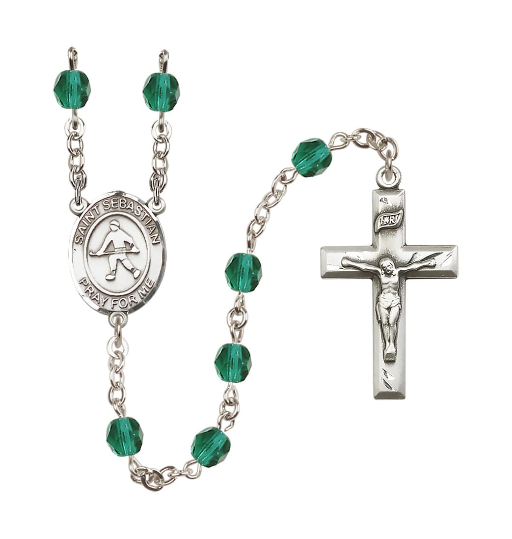 Bliss Silver Plated 6mm Fire Polished Saint Sebastian/Field Hockey Rosary in Zircon,