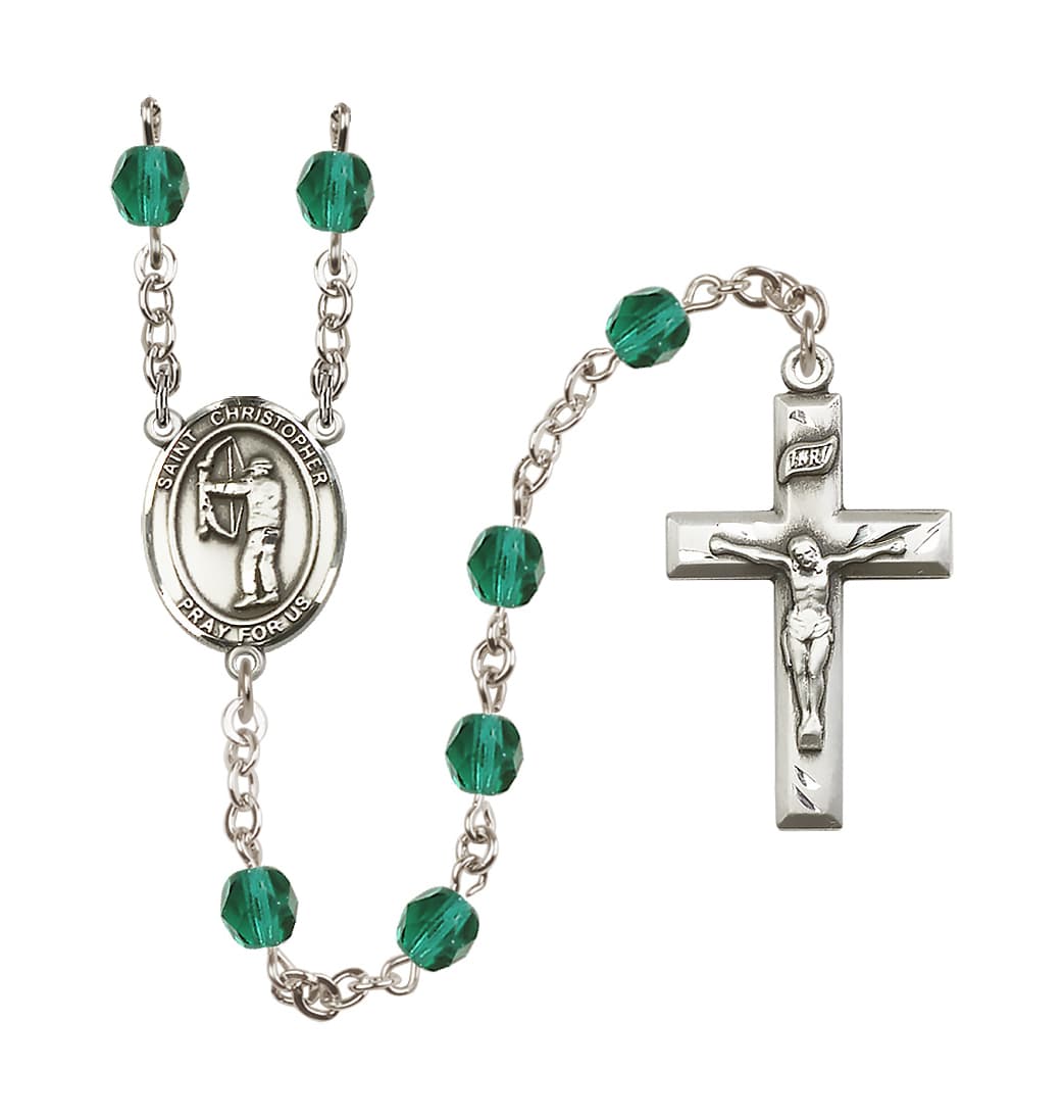 Bliss Zircon/Dec St Christopher Archery 6mm Fire Polished Birthstone Rosary,