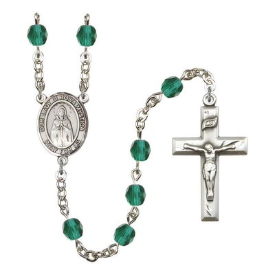 Our Lady of Rosa Mystica Rosary with Pewter Small Crucifix and Centerpiece, Birthstone 6mm Fire Polished Zircon Beads for December