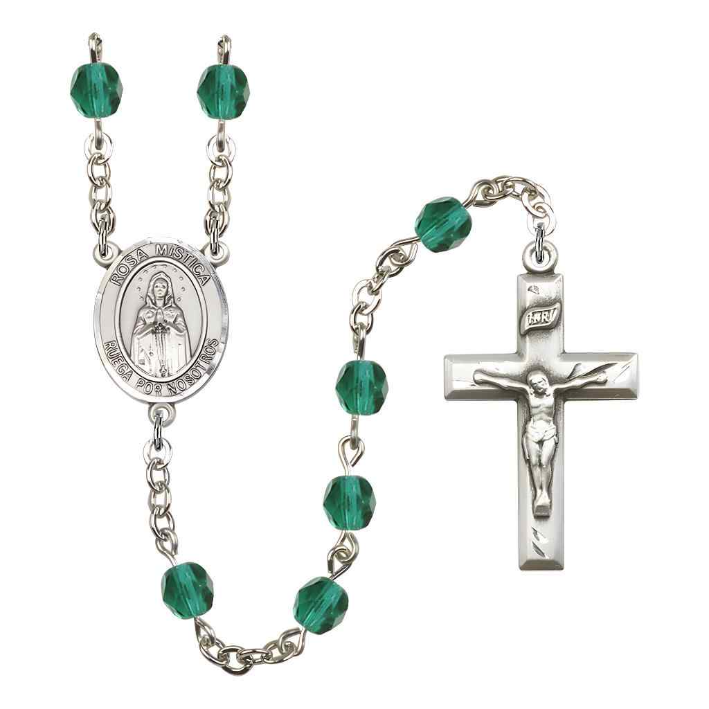 Spanish Rosa Mystica Rosary with 14kt Gold Traditional Crucifix and Centerpiece, Birthstone 6mm Austrian Crystal Zircon Beads for December
