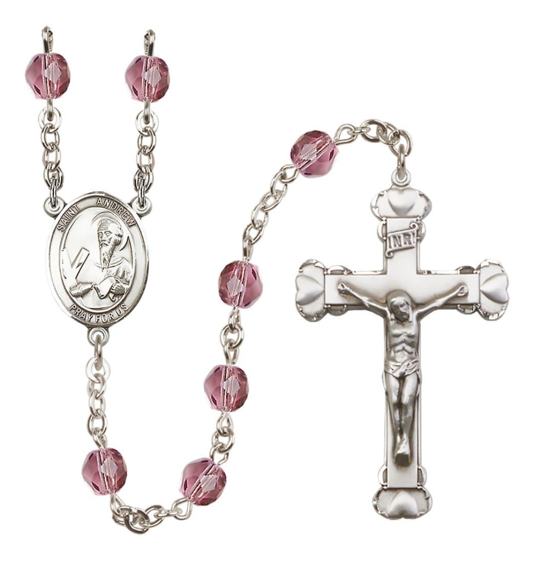 Bliss Silver-Plated Amethyst Crystal St Andrew the Apostle Birthstone Heart Rosary,