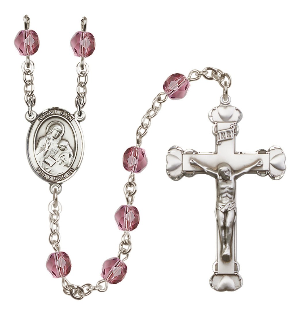 Bliss Manufacturing Silver Plated 6mm Fire Polished Saint Ann Rosary in Amethyst,