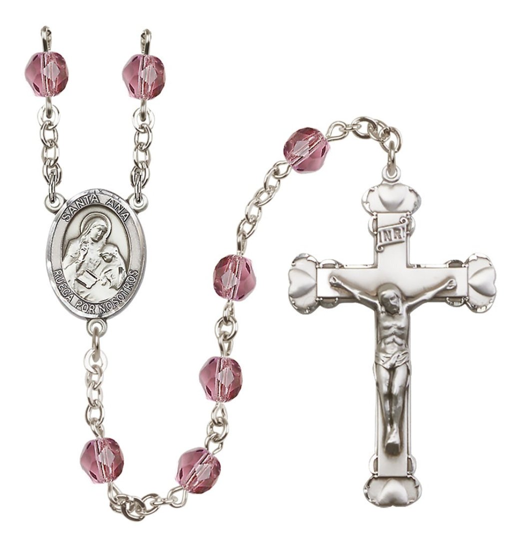 Bliss Feb Amethyst Silver-Plated Crystal Santa Ana Birthstone Heart Rosary,