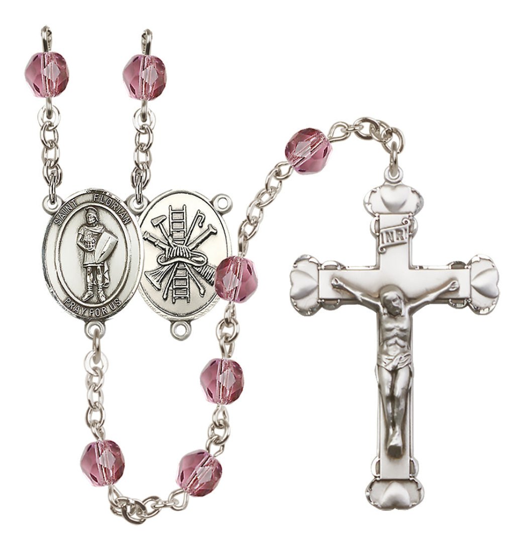 Bliss St Florian Firefighter Birthstone Crystal Silver-plated Heart Tip Rosary in Amethyst February Birthstone,