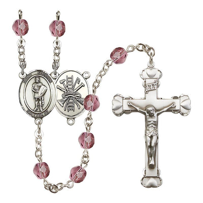 St Florian Firefighter Birthstone Crystal Silver-plated Heart Tip Rosary in Amethyst February Birthstone, Bliss Manufacturing
