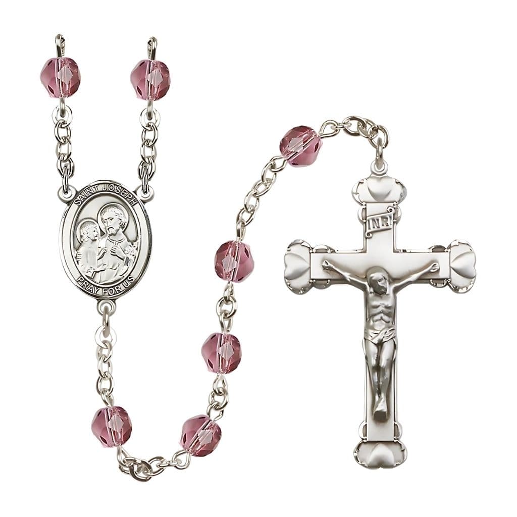 St. Joseph Rosary with Pewter Heart Crucifix and Centerpiece, Birthstone 6mm Fire Polished Amethyst Beads for February
