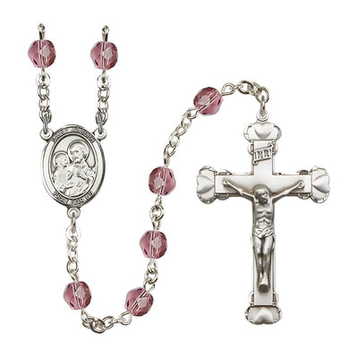 St. Joseph Rosary with Pewter Heart Crucifix and Centerpiece, Birthstone 6mm Fire Polished Amethyst Beads for February