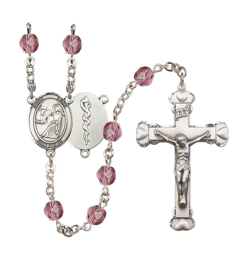 Bliss St Luke Doctor Birthstone Crystal Heart Tip Rosary in Feb/Amethyst,