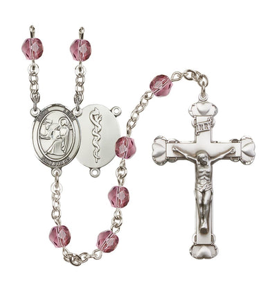 St Luke Doctor Birthstone Crystal Heart Tip Rosary in Feb/Amethyst, Bliss Manufacturing