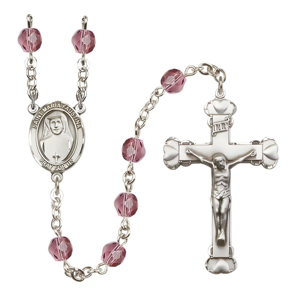 Bliss St. Maria Faustina Birthstone Engravable Heart Edge Rosary with Fire Polished Amethyst Beads,