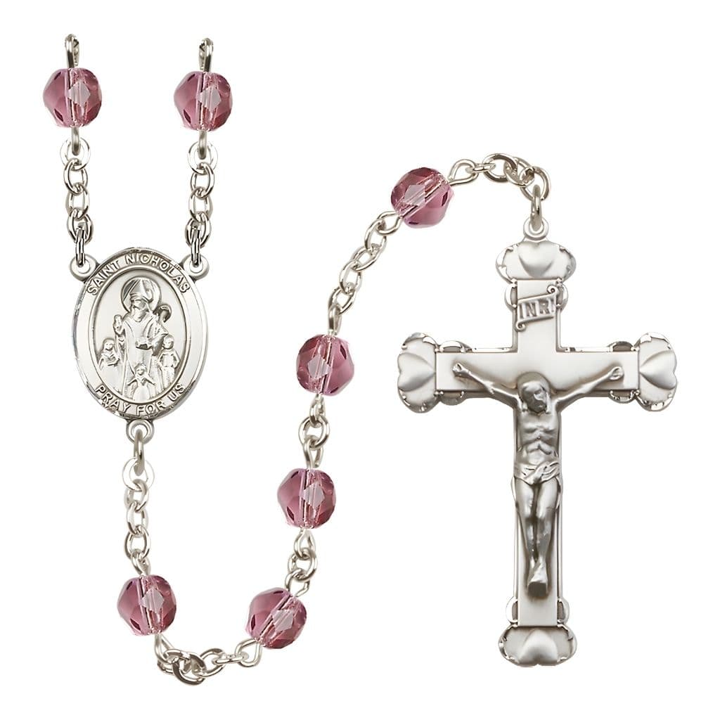 Bliss St. Nicholas Engravable Rosary with Pewter Centerpiece and Heart Crucifix, February Birthstone 6mm Amethyst Fire Polish Beads