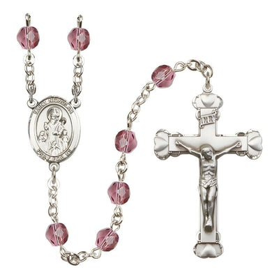 St. Nicholas Engravable Rosary with Pewter Centerpiece and Heart Crucifix, February Birthstone 6mm Amethyst Fire Polish Beads, Bliss Manufacturing