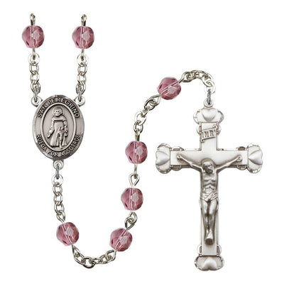 Spanish San Peregrino Rosary with Pewter Heart Crucifix and Centerpiece, Birthstone 6mm Fire Polished Amethyst Beads for February, Bliss Manufacturing