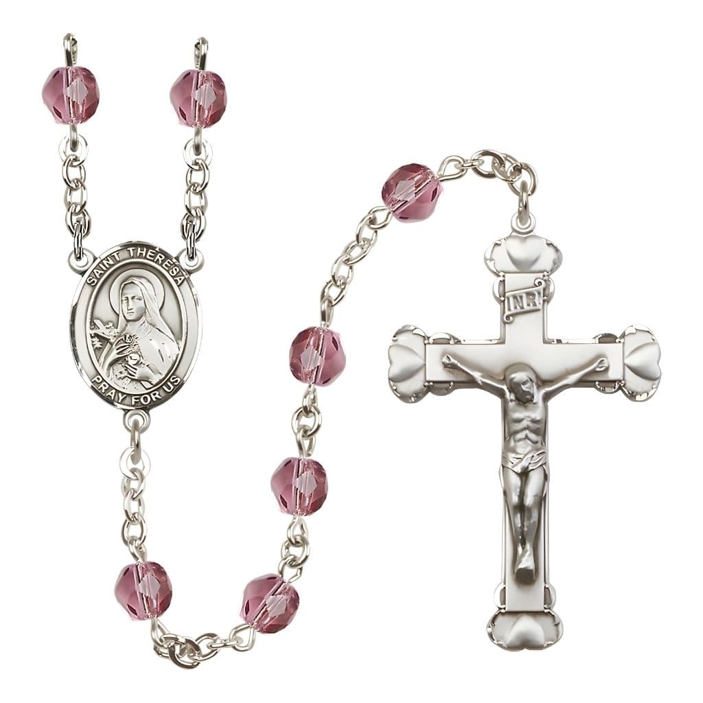 Bliss Birthstone 6mm Amethyst Fire Polished Silver-plated Engravable Rosary with Pewter St. Theresa Center and Heart Edge Crucifix