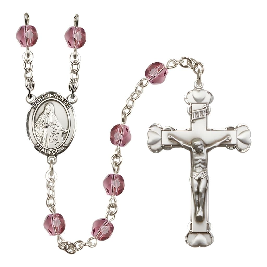 Bliss St. Veronica Rosary with Pewter Heart Crucifix and Centerpiece, Birthstone 6mm Fire Polished Amethyst Beads for February