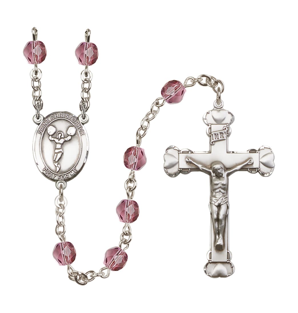 Bliss St Christopher Cheerleading Feb/Amethyst 6mm Fire Polished Heart Rosary