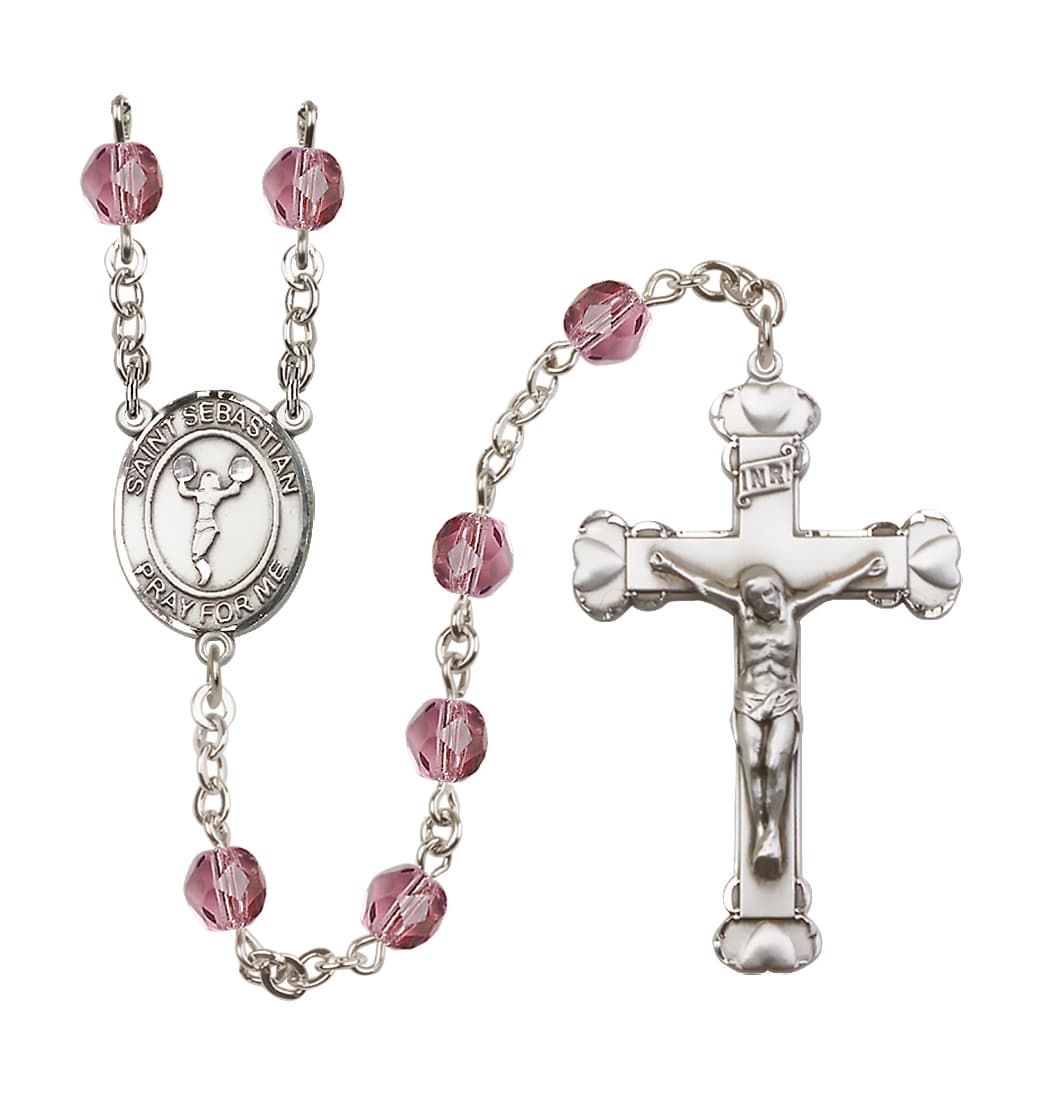 Bliss February Amethyst  St Sebastian Cheerleading 6mm Fire Polished Heart Crucifix Rosary,