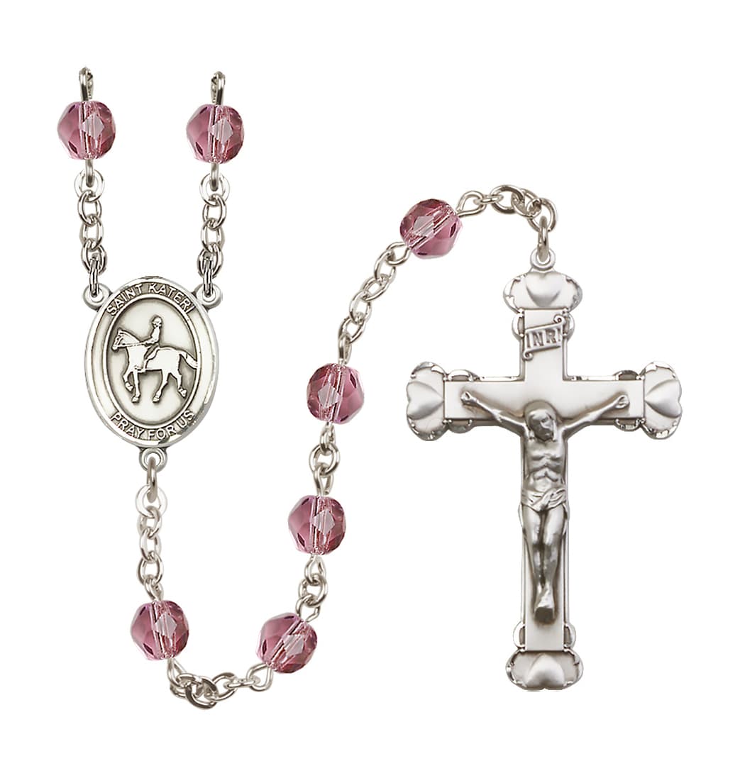 Bliss Birthstone Heart St Kateri Equestrian Amethyst/Feb 6mm Fire Polished Rosary,