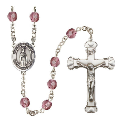 Spanish Virgen de Fatimas Rosary with Pewter Heart Crucifix and Centerpiece, Birthstone 6mm Fire Polished Amethyst Beads for February, Bliss Manufacturing