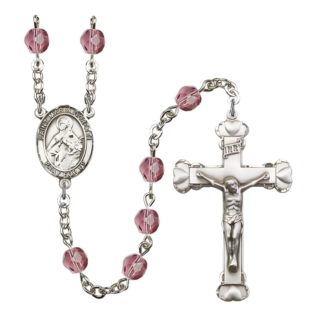 Bliss St. Maria Goretti Engraved Birthstone Fire Polished Rosary in Amethyst,