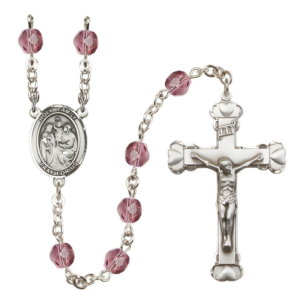 Bliss Holy Family Engravable Rosary with Pewter Heart Crucifix and Centerpiece, Birthstone 6mm Fire Polished Amethyst Beads for February