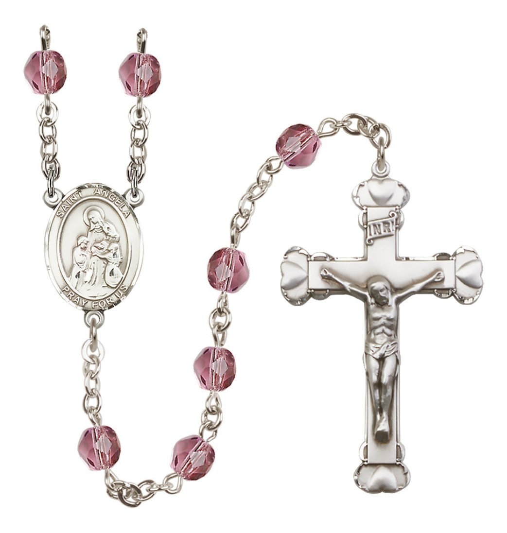 Bliss Manufacturing Amethyst Silver-Plated Crystal St Angela Merici Birthstone Heart Rosary,