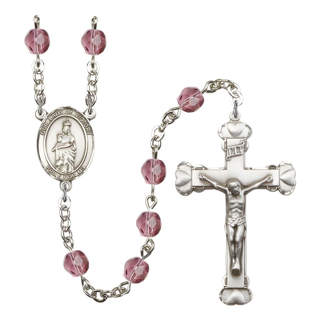 Bliss Our Lady of Victory Birthstone February Amethyst 6mm Fire Polished Silver-plated Engravable Heart Tip Rosary with Pewter Centerpiece and Crucifix