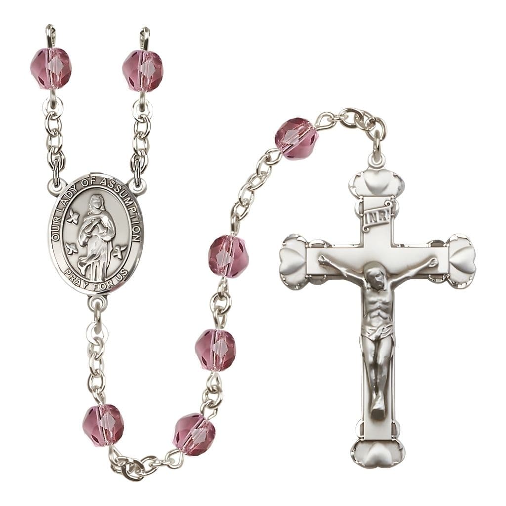Our Lady of Assumption Engraved Birthstone 6mm Amethyst Fire Polished Silver-plated Rosary with Pewter Centerpiece and Heart Tip Crucifix