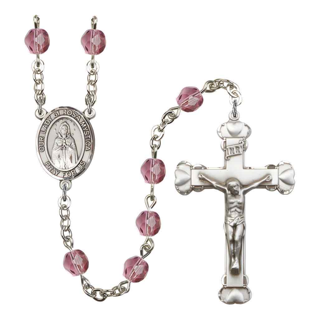 Our Lady of Rosa Mystica Rosary with Pewter Heart Crucifix and Centerpiece, Birthstone 6mm Fire Polished Amethyst Beads for February