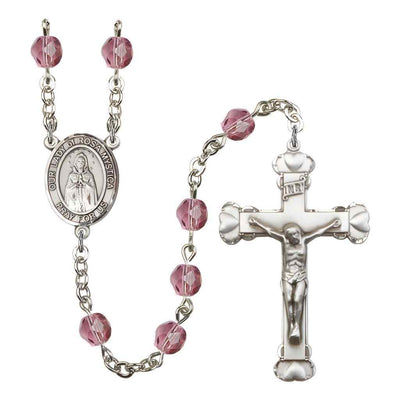 Our Lady of Rosa Mystica Rosary with Pewter Heart Crucifix and Centerpiece, Birthstone 6mm Fire Polished Amethyst Beads for February