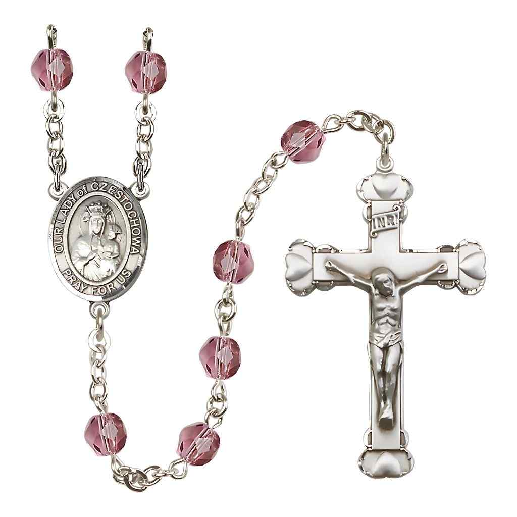 Our Lady of Czestochowa Rosary with Pewter Heart Tip Crucifix and Centerpiece, Birthstone 6mm Fire Polished Amethyst Beads for February