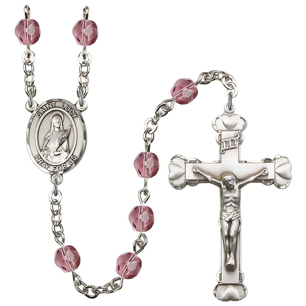 St. Lucy Silver-Plated Amethyst Crystal Birthstone Heart Rosary,