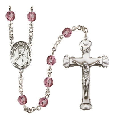 St. Andre Bessette Rosary with Pewter Heart Crucifix and Centerpiece, Birthstone 6mm Fire Polished Amethyst Beads for February, Bliss Manufacturing