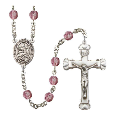 Our Lady of the Precious Blood Rosary with Pewter Heart Crucifix and Centerpiece, Birthstone 6mm Fire Polished Amethyst Beads for February