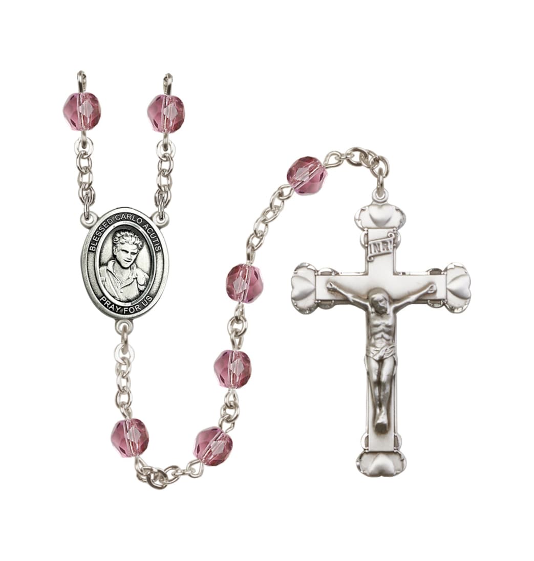 Bliss Silver-Plated Amethyst/Feb Crystal Blessed Carlo Acutis Birthstone Heart Rosary,