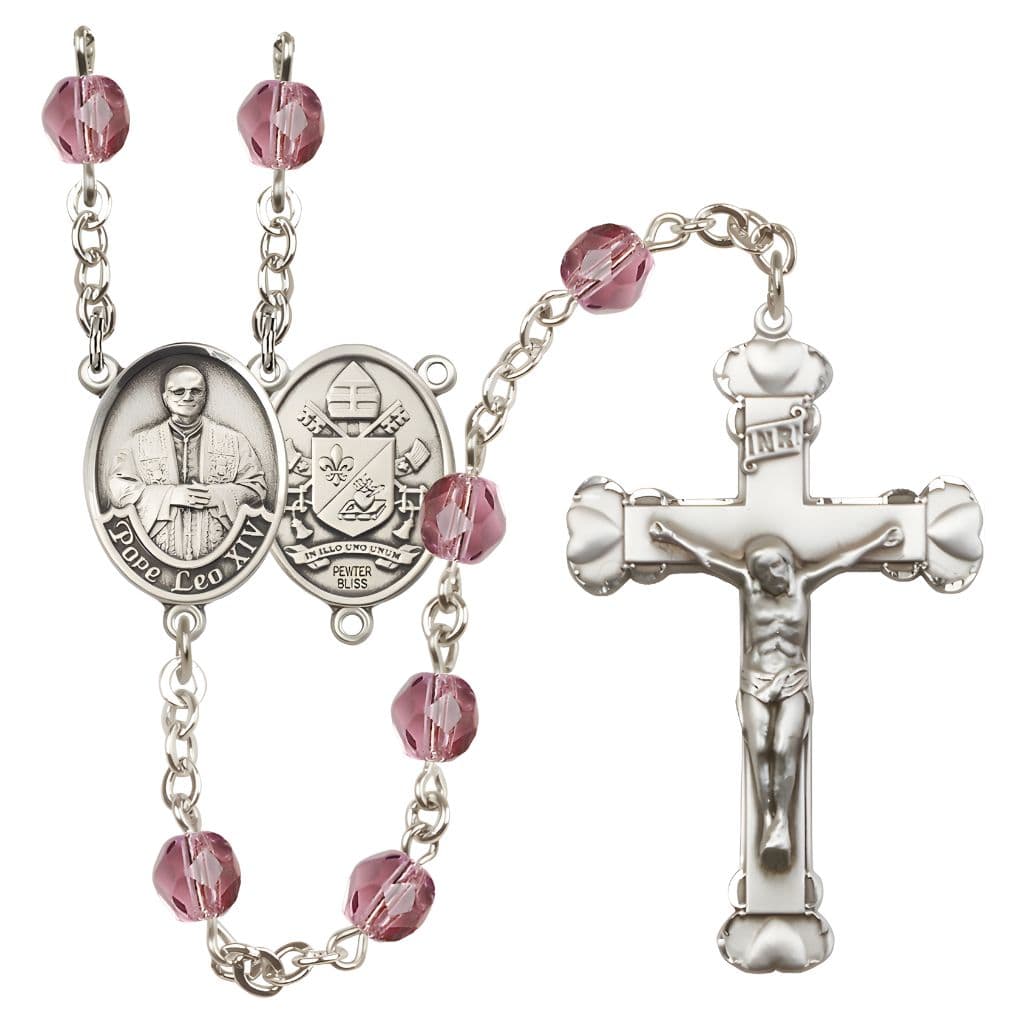 Bliss Pope Leo XIV Birthstone Engravable Rosary with Pewter Center and Heart  Edge Crucifix, 6mm Fire Polished Beads in Amethyst for February