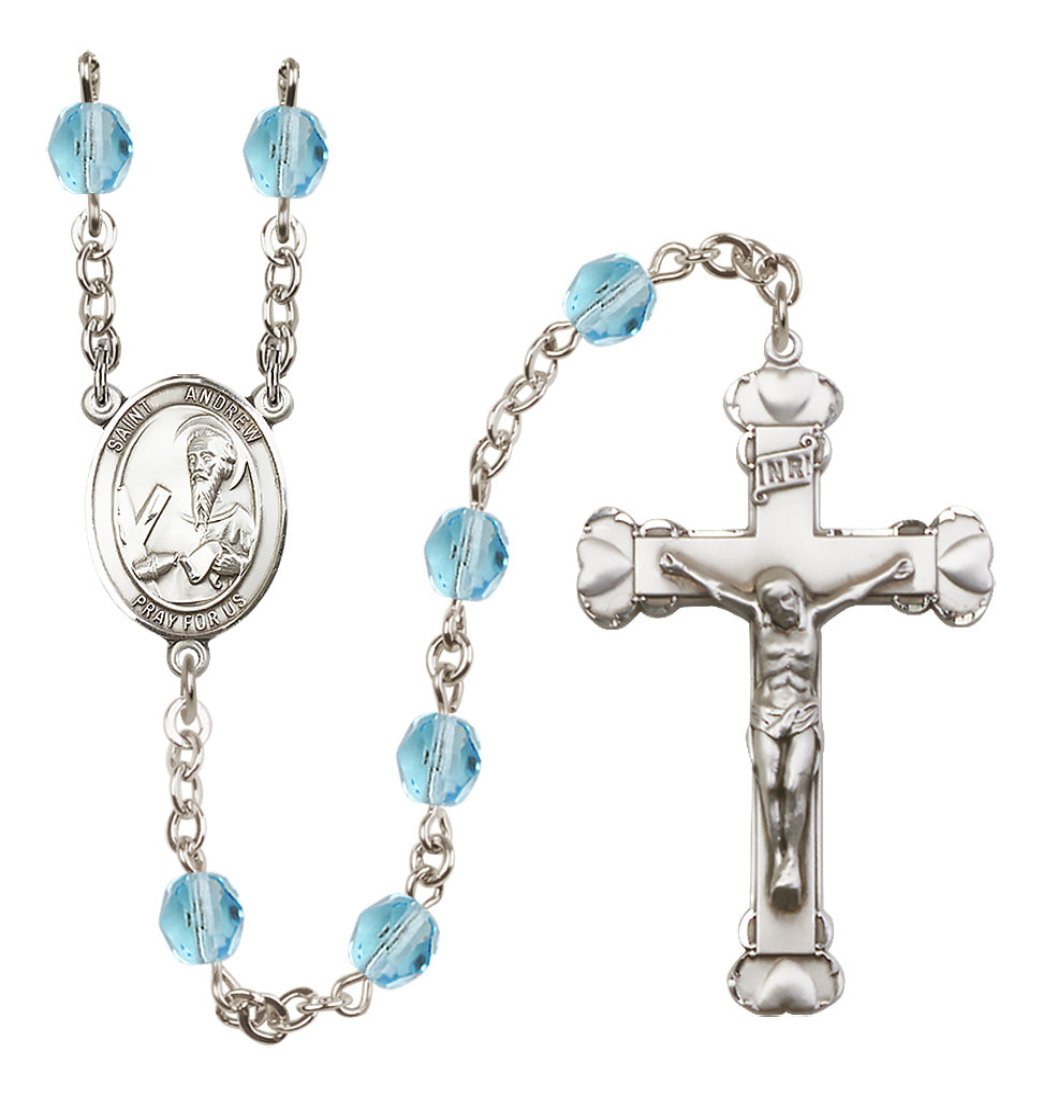 Bliss Silver-Plated Aqua Crystal St Andrew the Apostle Birthstone Heart Rosary,