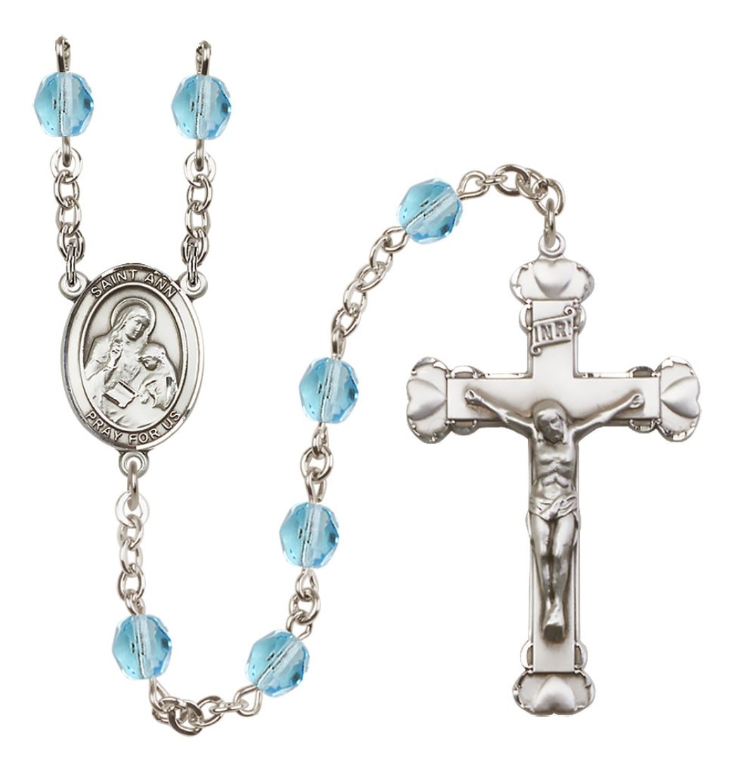 Bliss Manufacturing Silver Plated 6mm Fire Polished Saint Ann Rosary in Aqua,