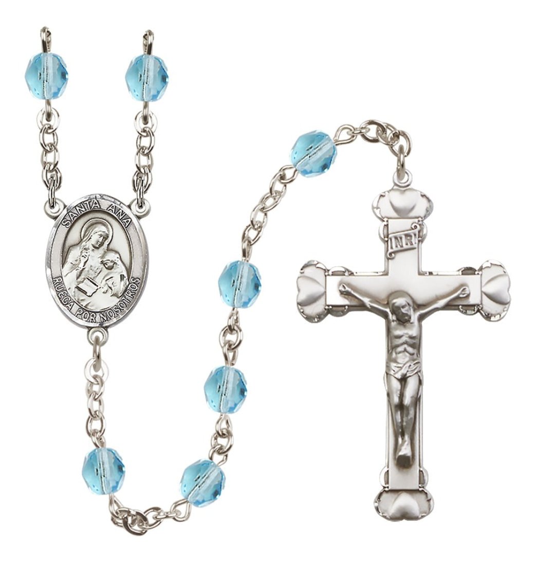 Bliss March Aqua Silver-Plated Crystal Santa Ana Birthstone Heart Rosary