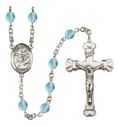 Aqua Silver-Plated Crystal St Anthony of Padua Birthstone Heart Rosary, Bliss Manufacturing