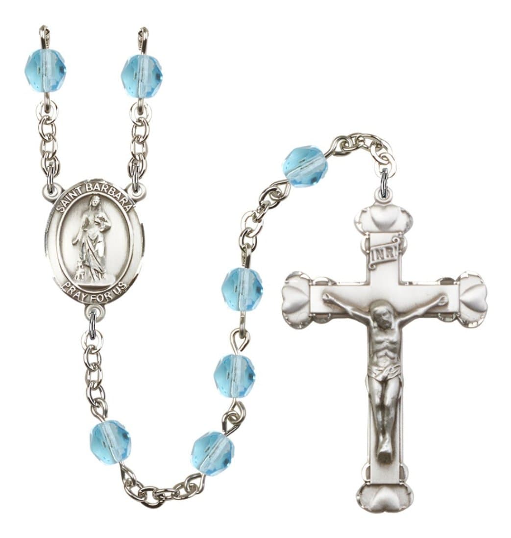 Bliss Mar Aqua Silver-Plated Crystal St Barbara Birthstone Heart Rosary,