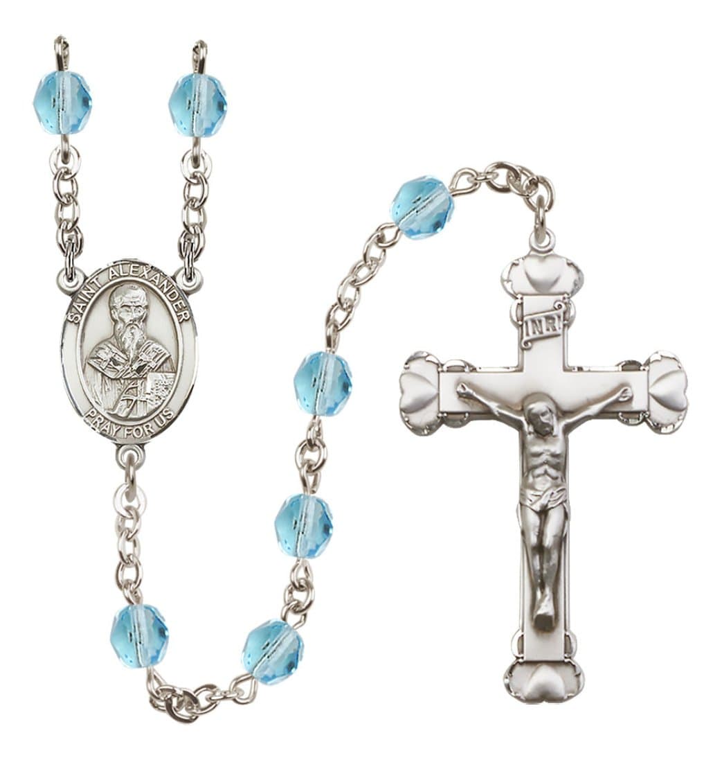 Bliss Silver-Plated Aqua Crystal St Alexander Birthstone Heart Rosary,