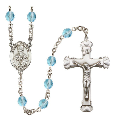 Silver-Plated Aqua Crystal St Alexander Birthstone Heart Rosary, Bliss Manufacturing