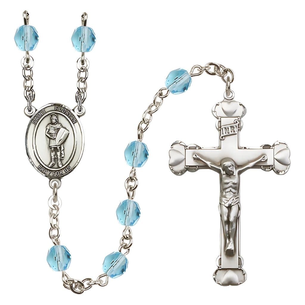 Bliss St Florian Aqua Crystal March Birthstone Heart Tip Silver-plated Rosary,