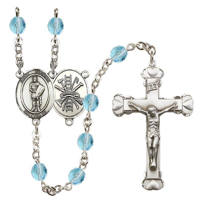 St Florian Firefighter Birthstone Crystal Silver-plated Heart Tip Rosary in Aqua March Birthstone, Bliss Manufacturing