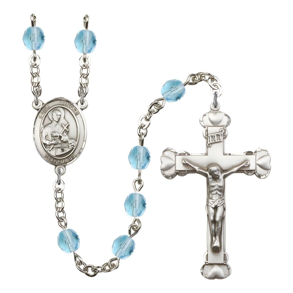 Bliss St. Gerard Majella Engravable Rosary with Pewter Crucifix Heart and Centerpiece, Birthstone 6mm Fire Polished Aqua Beads for March